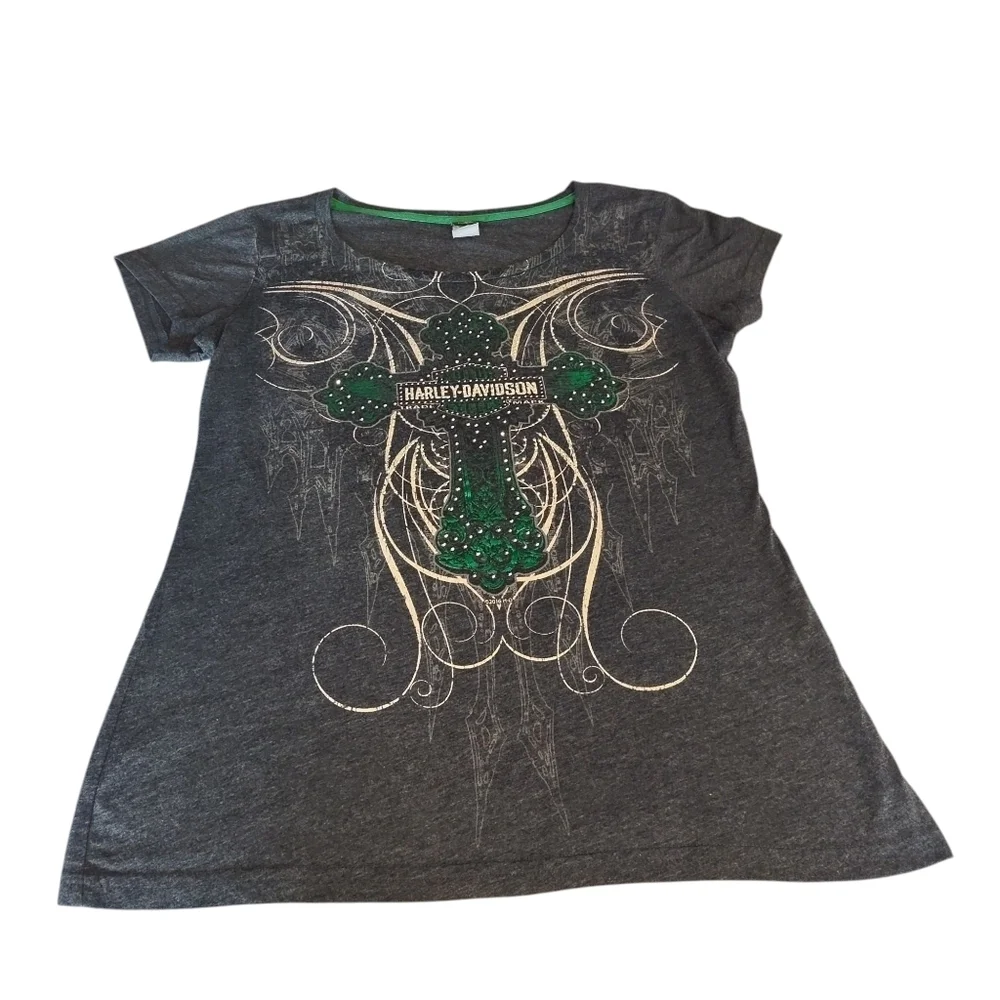 Harley-Davidson Women's Gray V-Neck  Embellished Cross Shortsleeve T-shirt Sz L